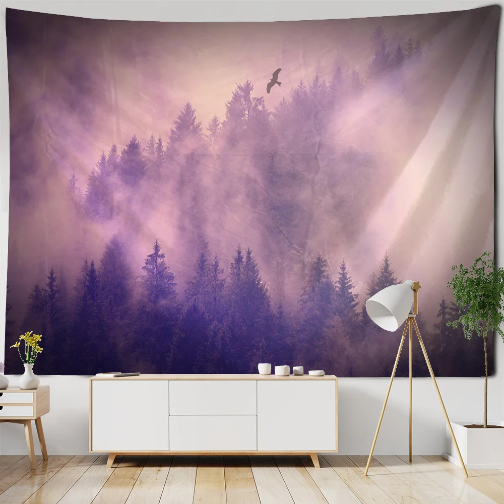 Night Forest Printed Tapestry Starry Sky Landscape Wall Hanging Cloth Bohemian Home Dormitory Art Decoration Hanging on the Wall