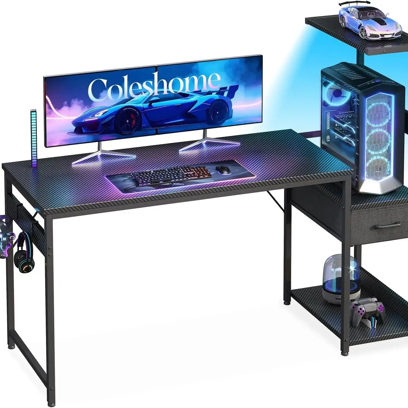 Coleshome Gaming Tisch mit LED-Beleuchtung,138×48cm Gaming Schreibtisch mit Schubladen und Regal