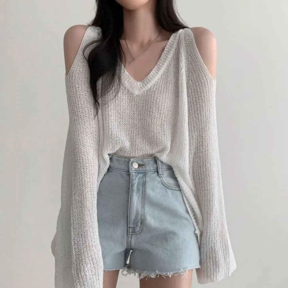 

Chic Hollow Out Knit Long T-shirt Long Sleeve Pullover Crochet Knitwear V-neck Chic Knitted Loose Top Women