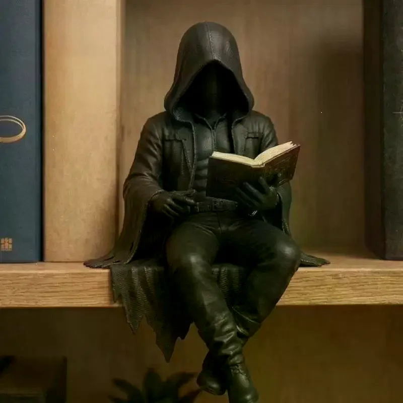 Grim Reaper Reading Statue Resin Black Hooded Skull Miniature Halloween Desktop Gothic Decor