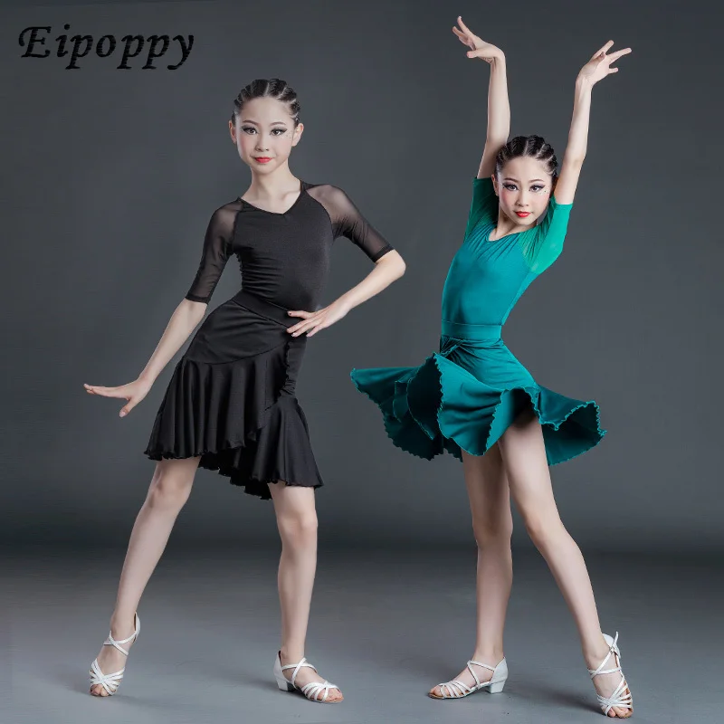 Children Latin Dance Practice Clothes Examination Dress One-Pieces Short Sleeve Girls Competition Dress