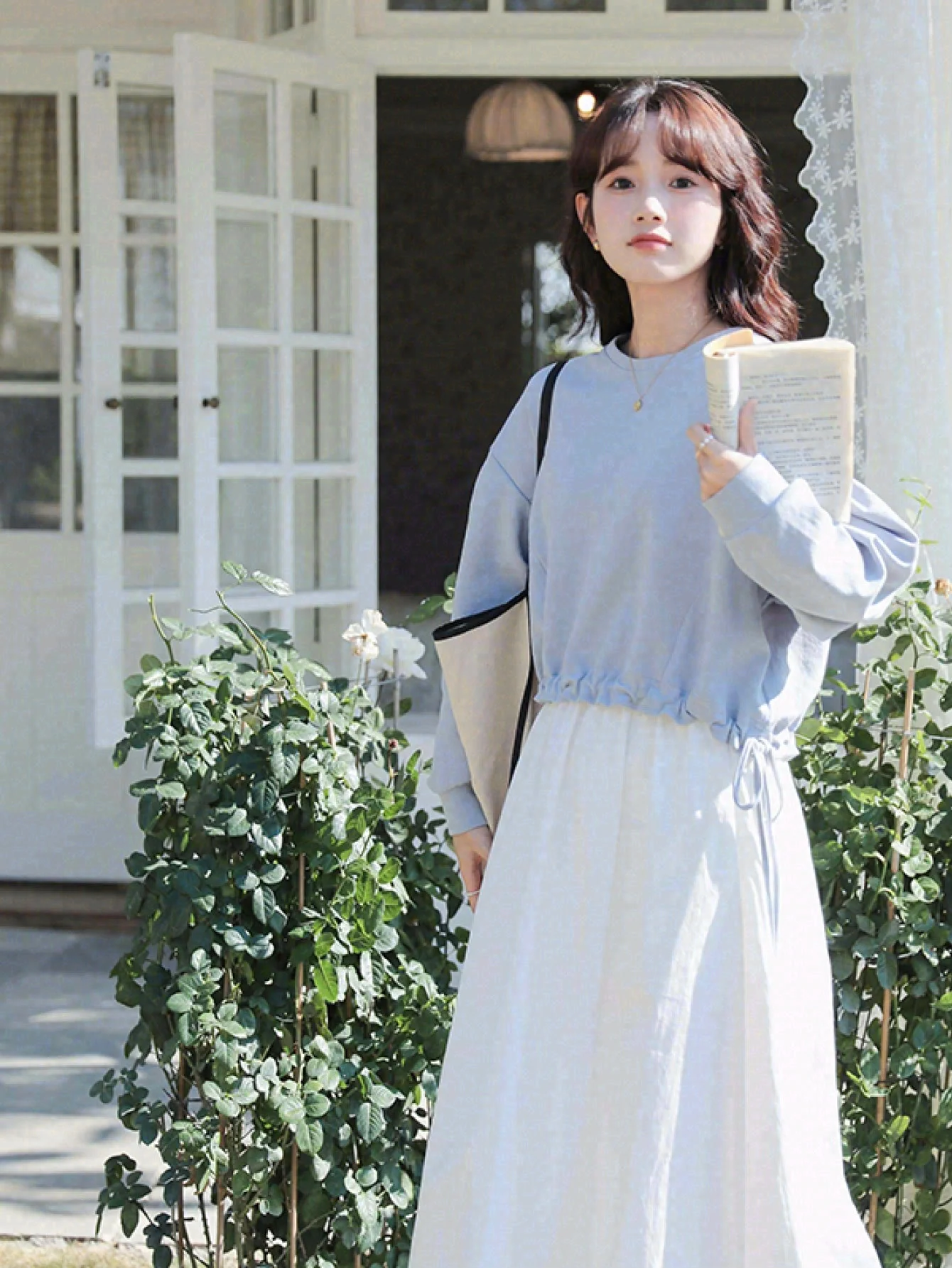 Real Shot 2026 Spring New Asymmetric Forest Short Sweatshirt + High Waist Mid-Length Skirt Two-Piece Suit