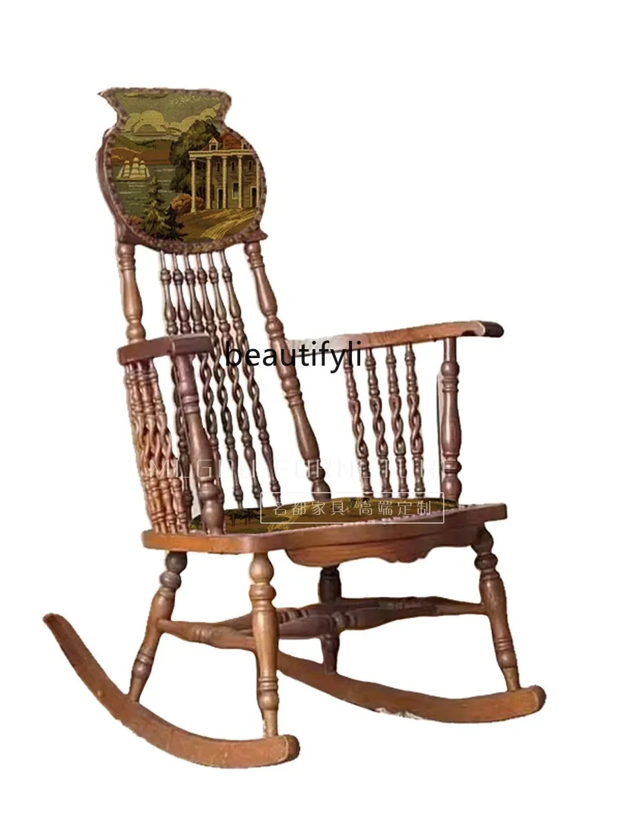 

American-Style Mid-Ancient Solid Wood Country Complete OAK Leisure Recliner Leisure Chair Balcony Rocking Chair Retro