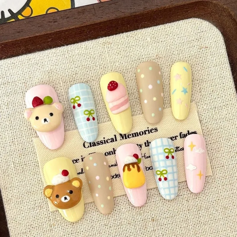 Kawaii Rilakkuma Cartoon Press-on Fake Nails Hand Drawn Removable Wear Armor Nail Art Women Accessories Decoration Girls Gift