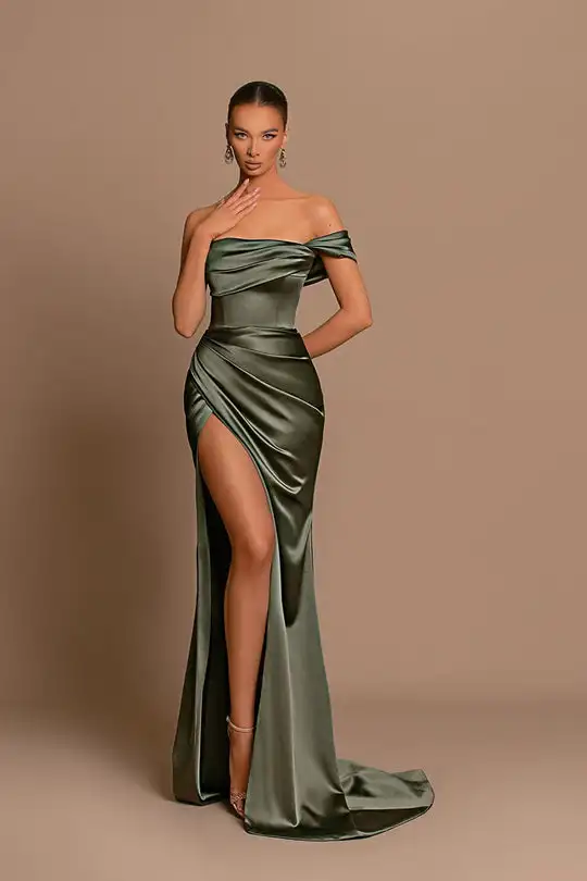 Green Evening Dresses Mermaid One Shoulder Ruched Long Formal Party Prom Gowns Graduation Women Special Occasion Dresses