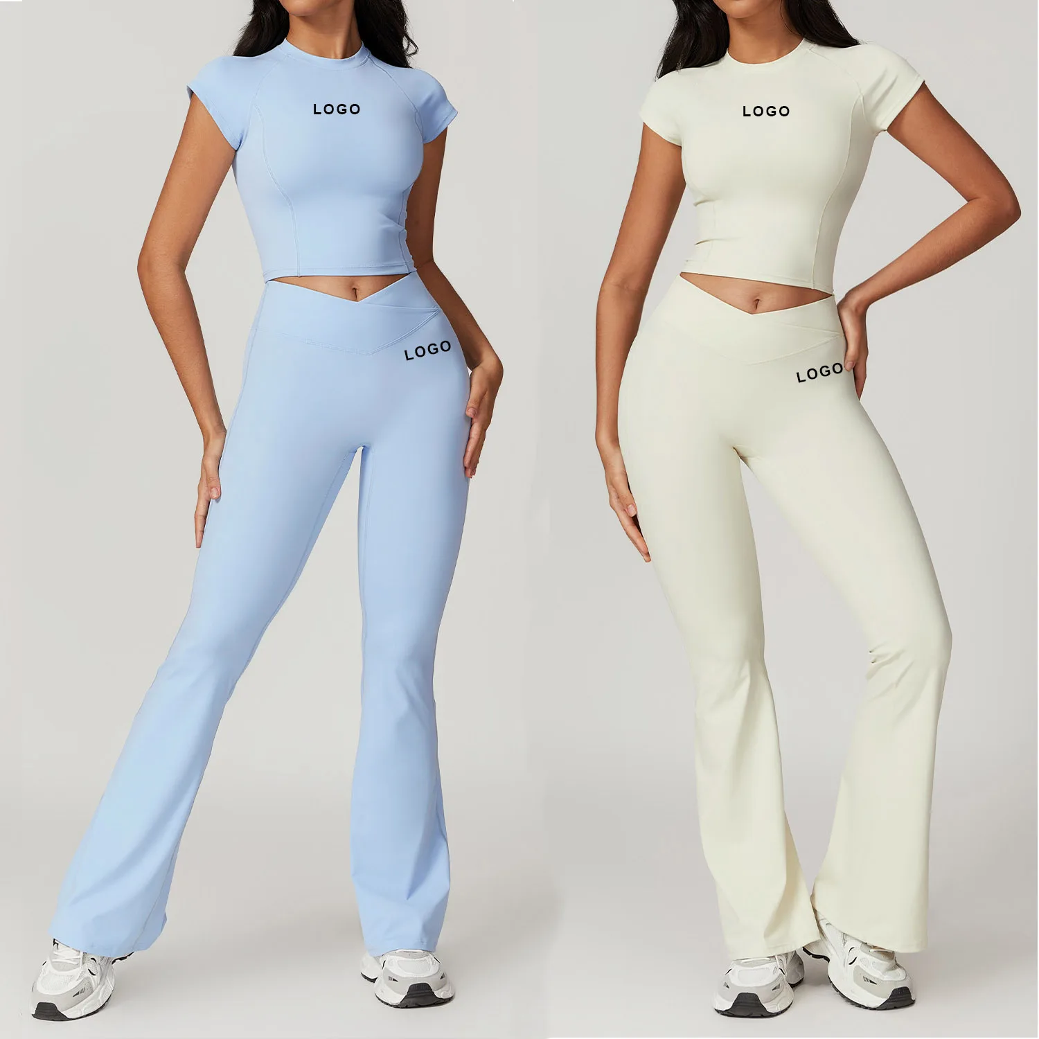 custom LOGO T Shirts and Flare Pants Set ropa deportiva mujer Custom workout Suit sportswear set V waist Wide Leg yoga set Women