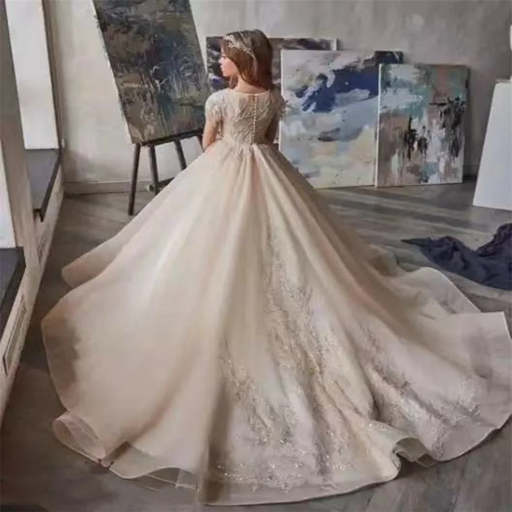 Vestidos Elegantes de flores champán para niñas, apliques de tul, lentejuelas brillantes con cuentas, vestidos de desfile para niños, vestidos de cumpleaños para bodas