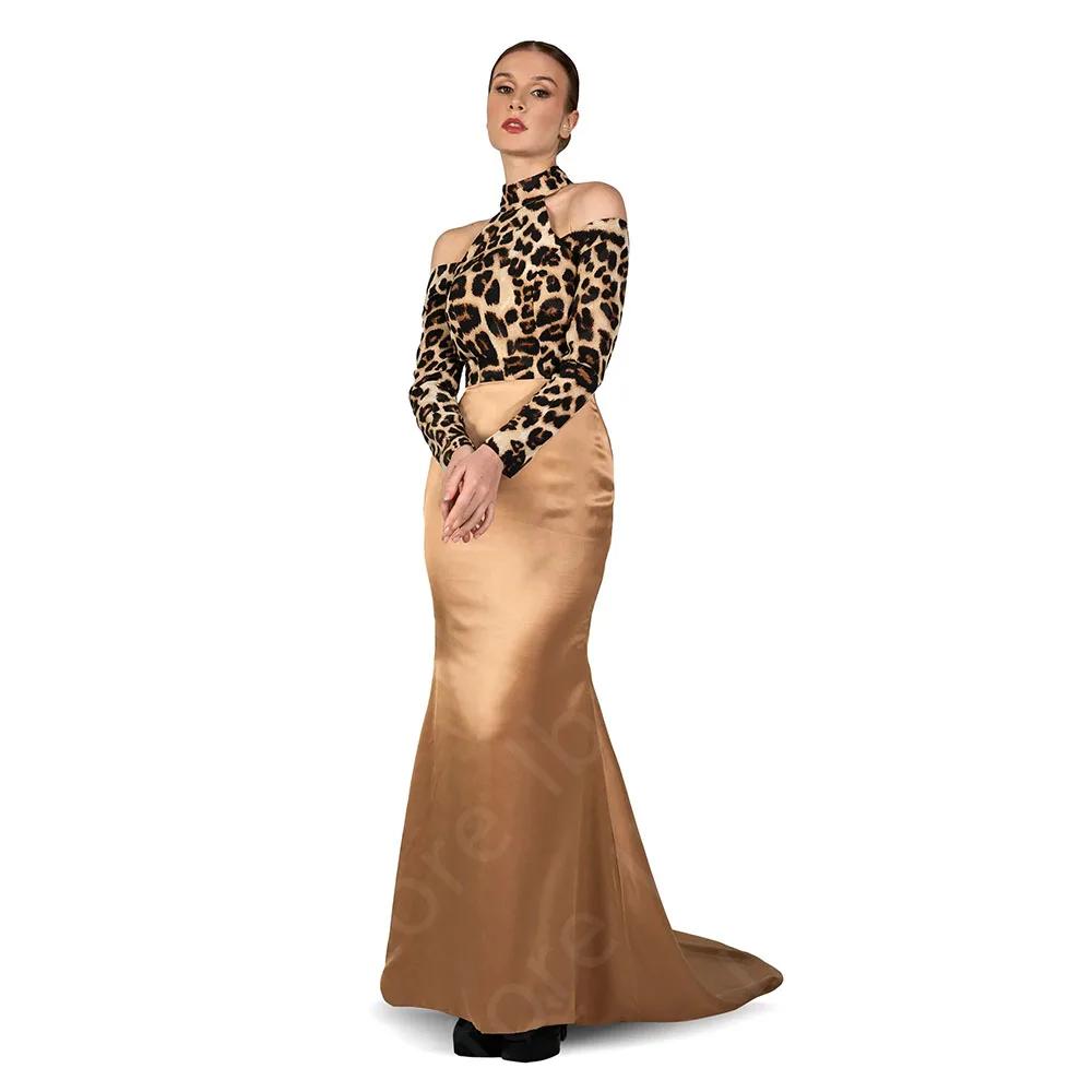 

Customized Latest Arrival Champagne Evening Dresses Leopard 2025 Prom Gowns Off Shoulder Sleeves Wedding Guest Dresses Mermaid