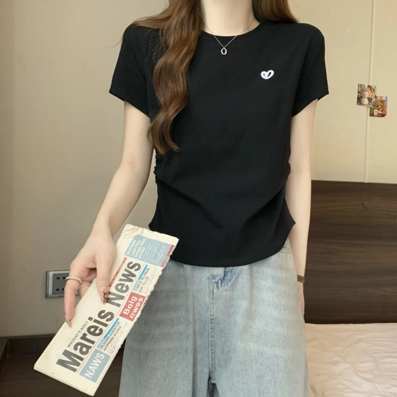 Women's T-shirt O-neck Short Sleeve Solid Color Casual Fashion Tees Woman Summer Clothes Women  Korean Popular Clothing Top Love image 4
