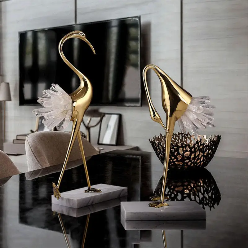 High Quality Home Natural Gold Crystal Cooper Crane Ornaments Nordic Table Bedroom Living Room Crane Bird Sculpture
