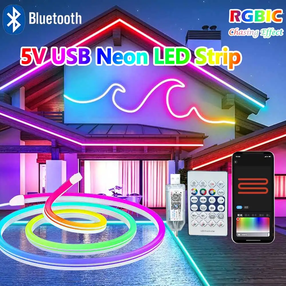 Imagem -03 - Bluetooth Rgb Neon Led Strip Lights Fita Flexível Impermeável Fita de Música Sincronização 5v 1m 2m 3m 5m