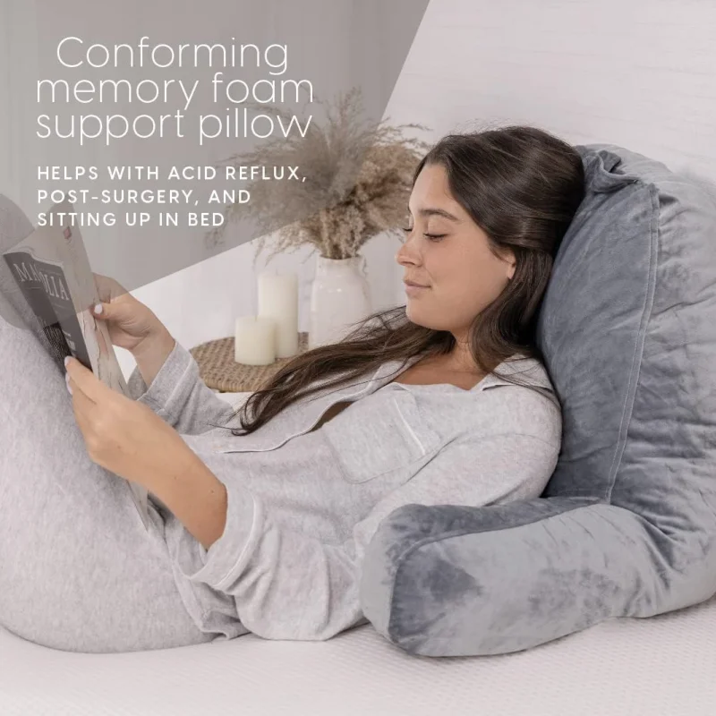 Reading Pillow with Shredded Memory Foam, Large Adult Backrest with Arms, Back Support for Sitting Up in Bed Seat Pillow