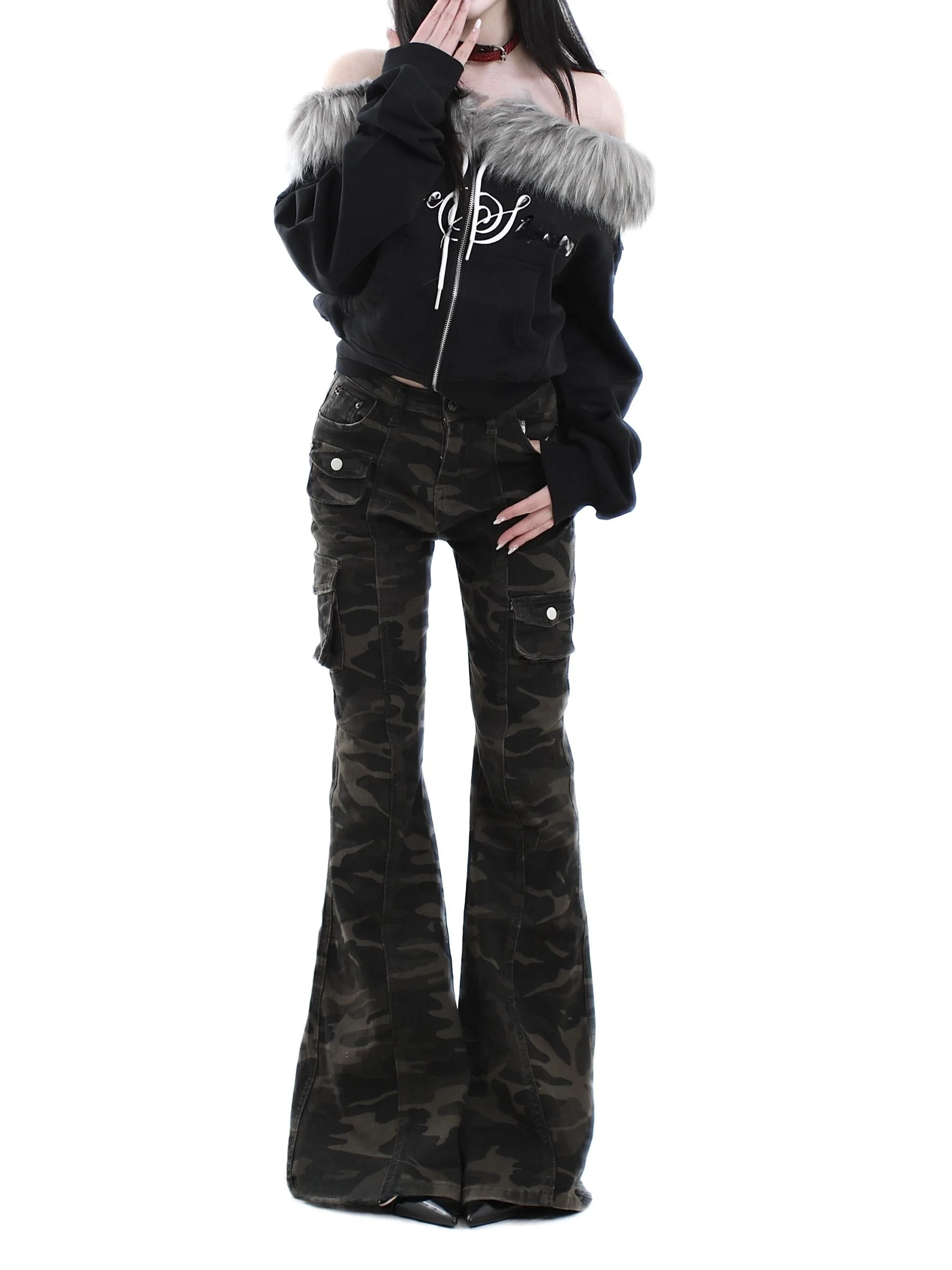 

Galiren, камуфляжные расклешенные рабочие брюки в американском стиле ретро, женские тонкие джинсовые длинные брюки с несколькими клетками, повседневные джинсовые брюки на молнии