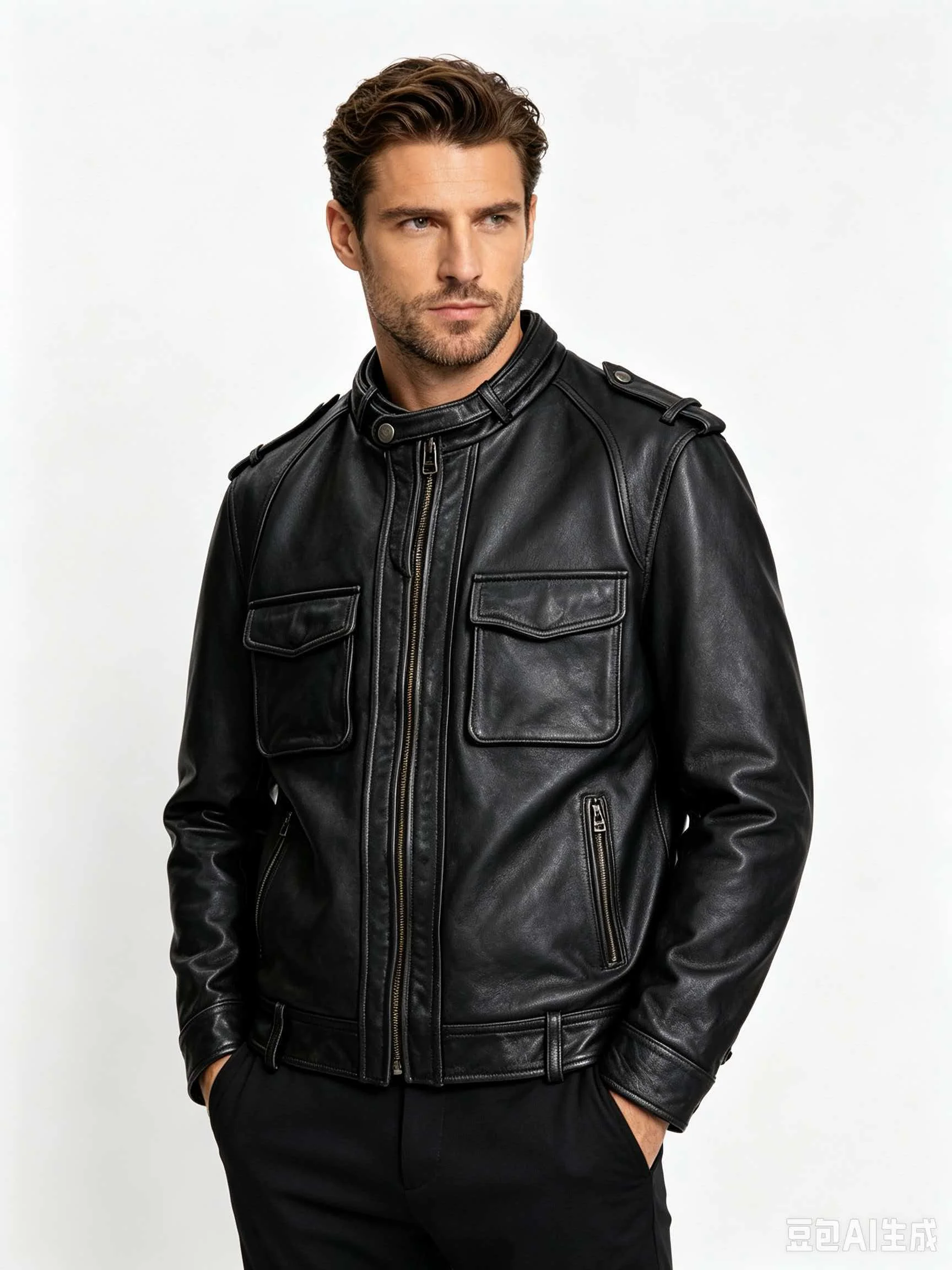 Men's Genuine Cowhide Leather Motorcycle Jacket Black Distressed Café Racer Biker Coat Snap Collar Epaulettes Zip Cuffs