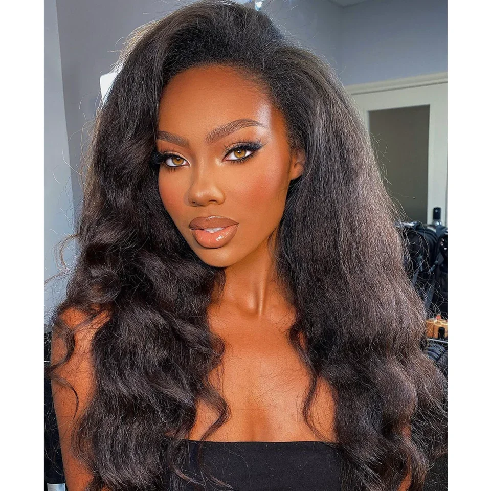 

Kinky Wave Natural Black Yaki Soft Long 26Inch Lace Front Wig For Black Women Synthetic Preplucked Glueless Baby Hair Daily