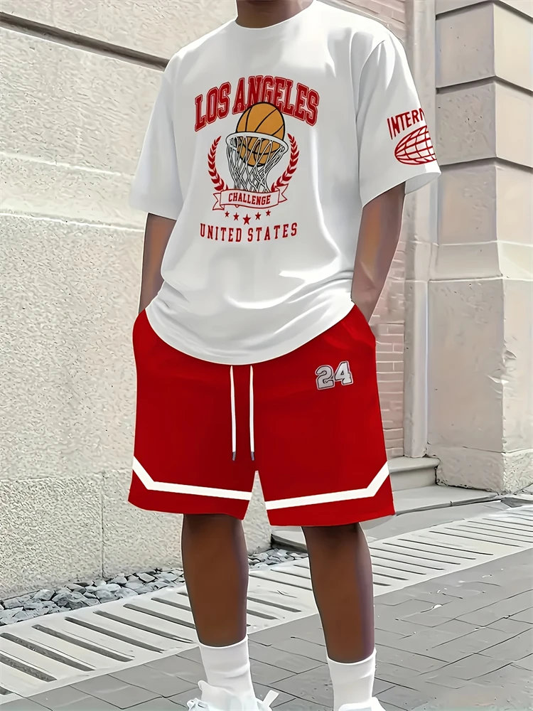 Frühlingsneuheiten: Lässige Oberteile und Shorts für Herren, schlichte, mit Basketballmuster bedruckte Herren-T-Shirts mit Rundhalsausschnitt und lässige Shorts, modisch und