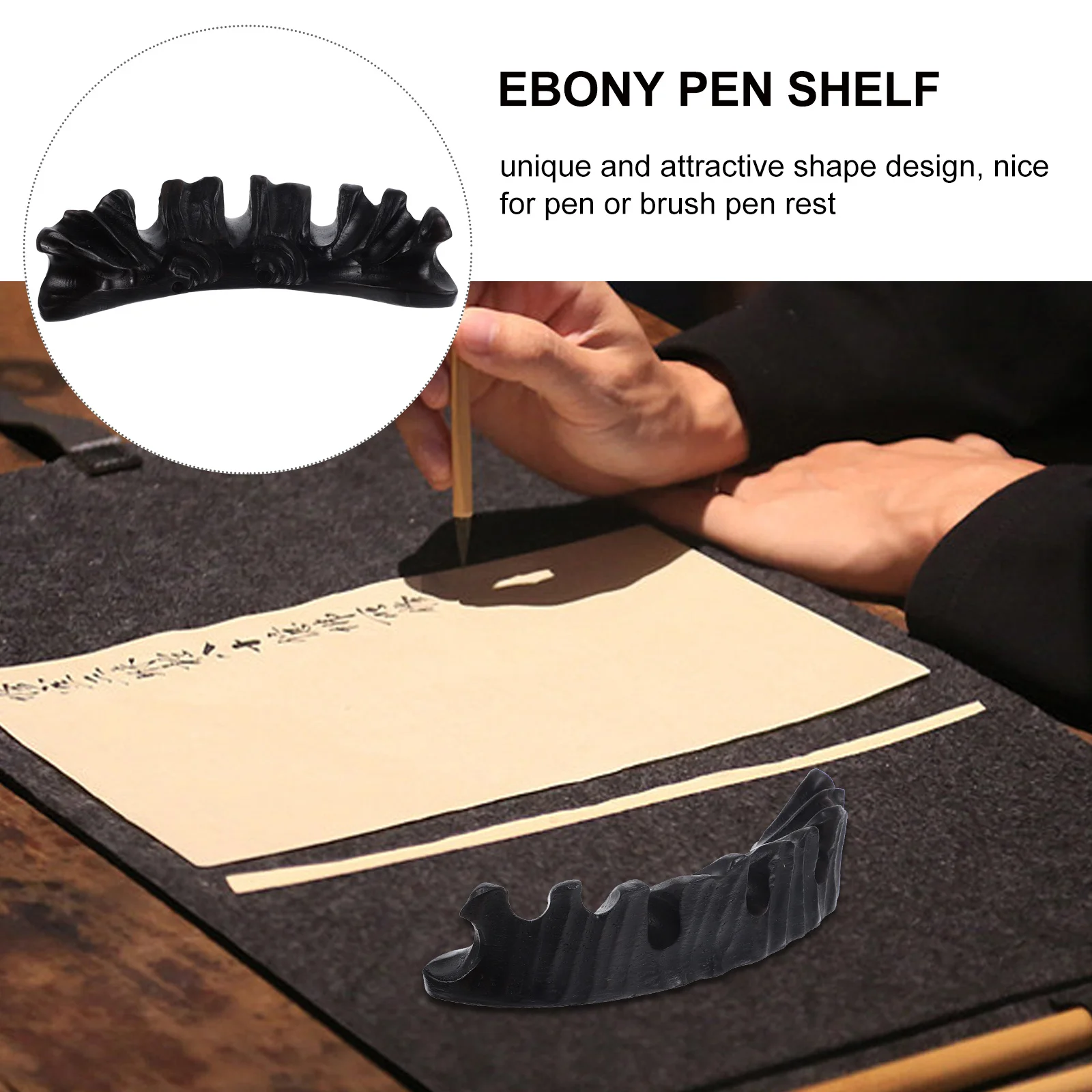 

1Pcs Solid Ebony Pen Shelf Gloss Finish Desktop Stationery Supply Writing Brush Holder Paperweight Pen Holder