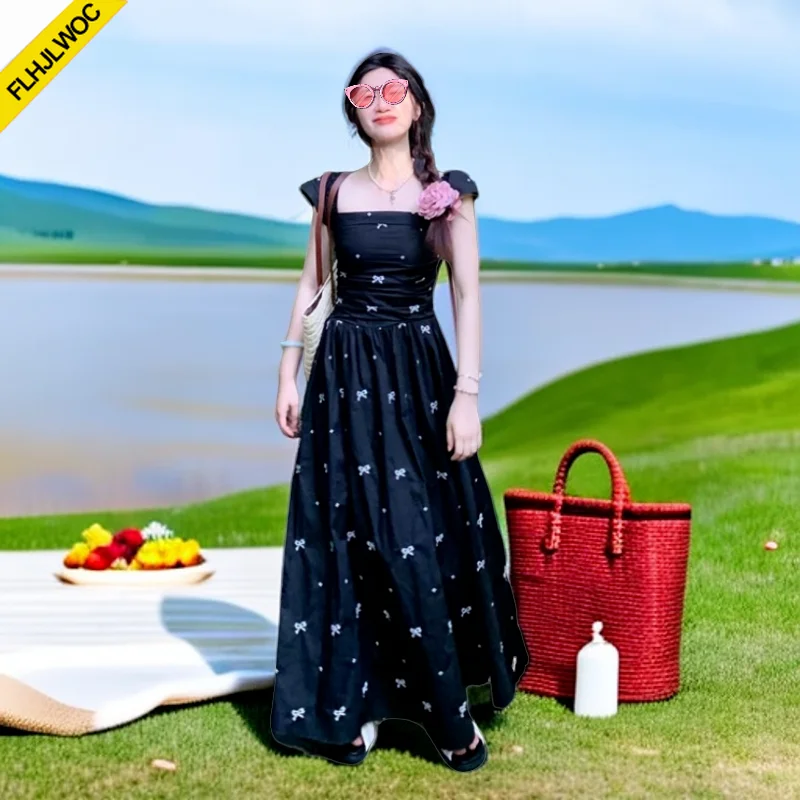 Embroidery Bow Dresses Holiday Date Girl Women Fashion A Line Party Retro Vintage Cotton Blends Black Sleeveless Long Maxi Dress
