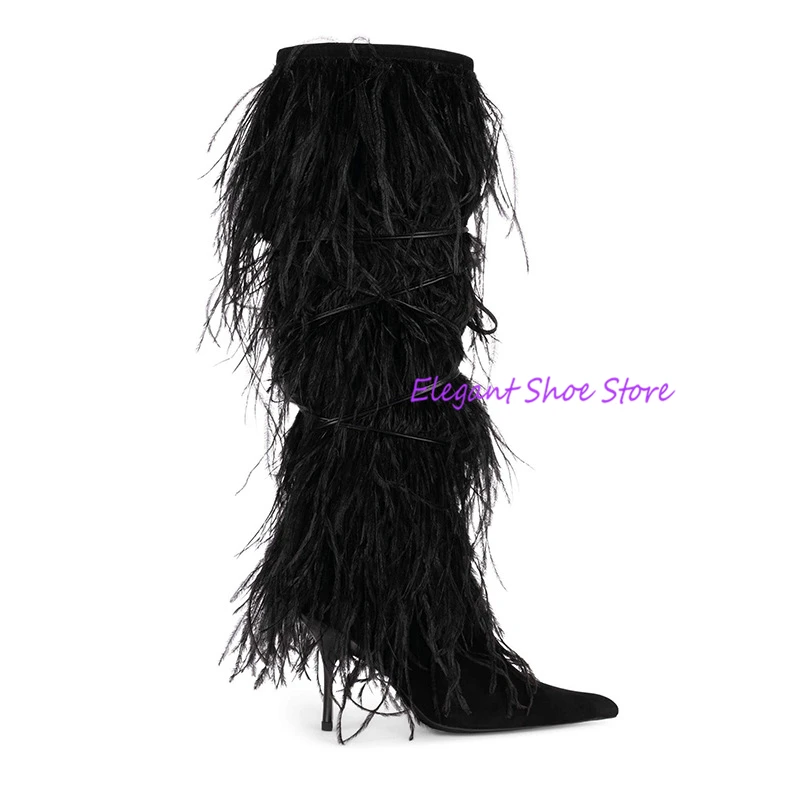 

Sexy Feather High Heel Long Boots Fluffy Ostrich Hair Pointed Toe Knee High Boots Black Blue Red Trendy Women Party Dress Shoes