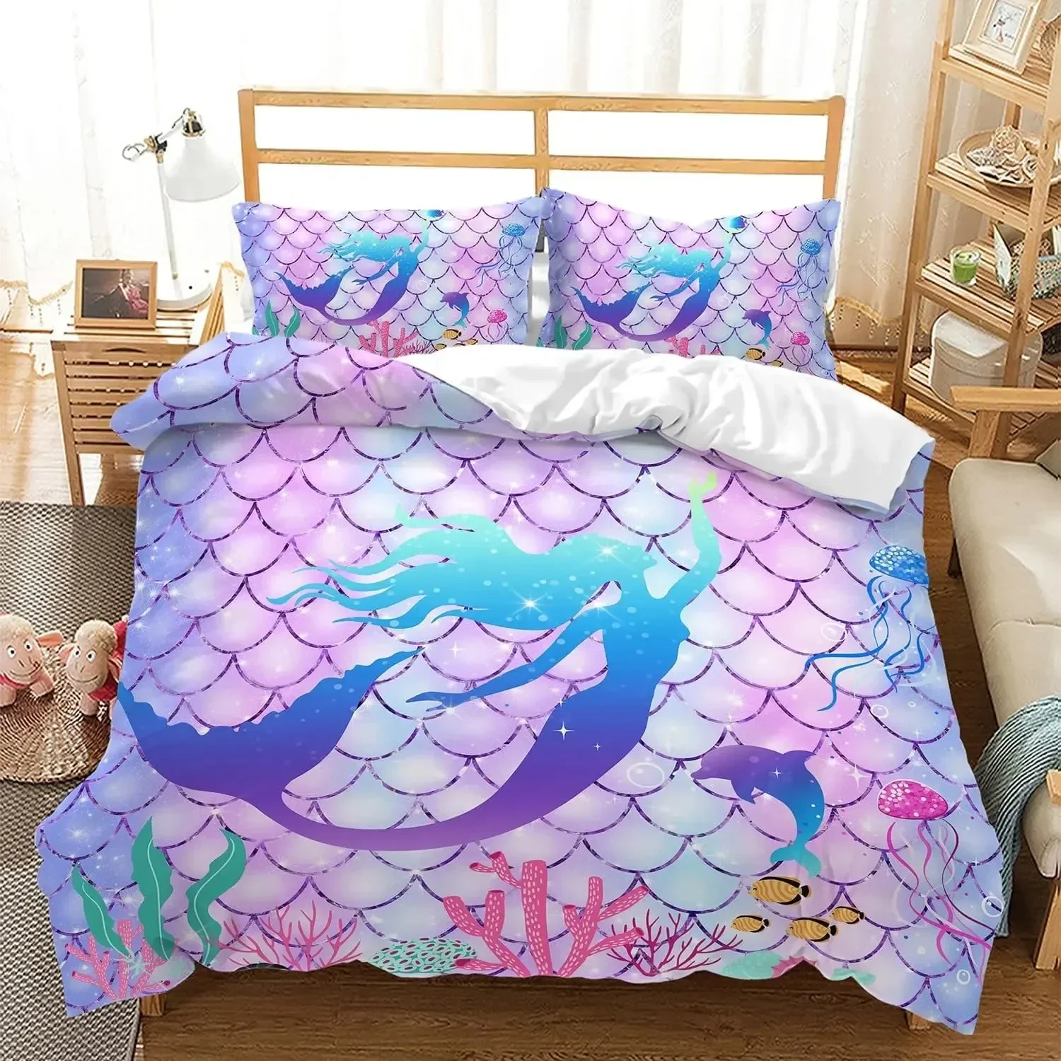 

3D Print Pink Mermaid Bedding Set Comforter Twin for Kids, 3 Pieces Girls Glow in The Dark Mermaid Bedding Sets