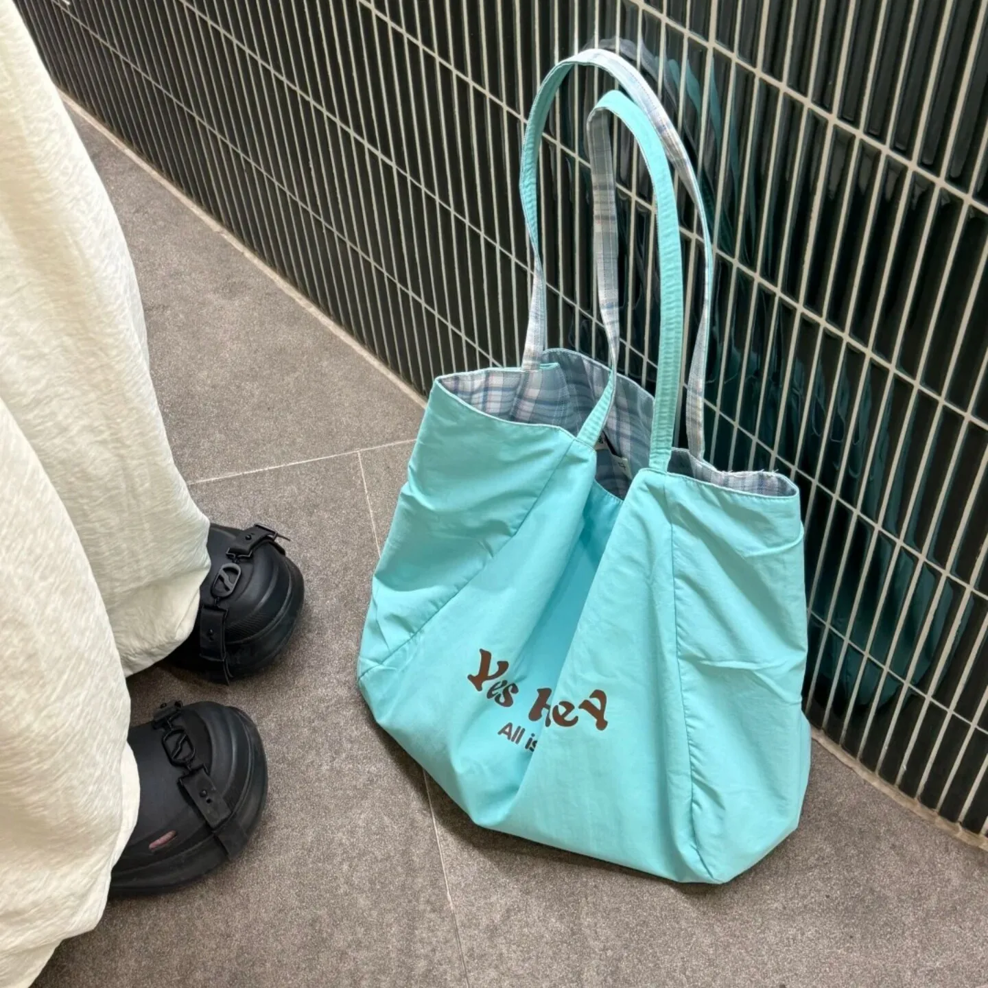 Mint Green Embroidered Letter Double Sided Plaid Canvas Shoulder Bag Korean Style Ins Atmosphere Tote Bag for Commuting Versa...