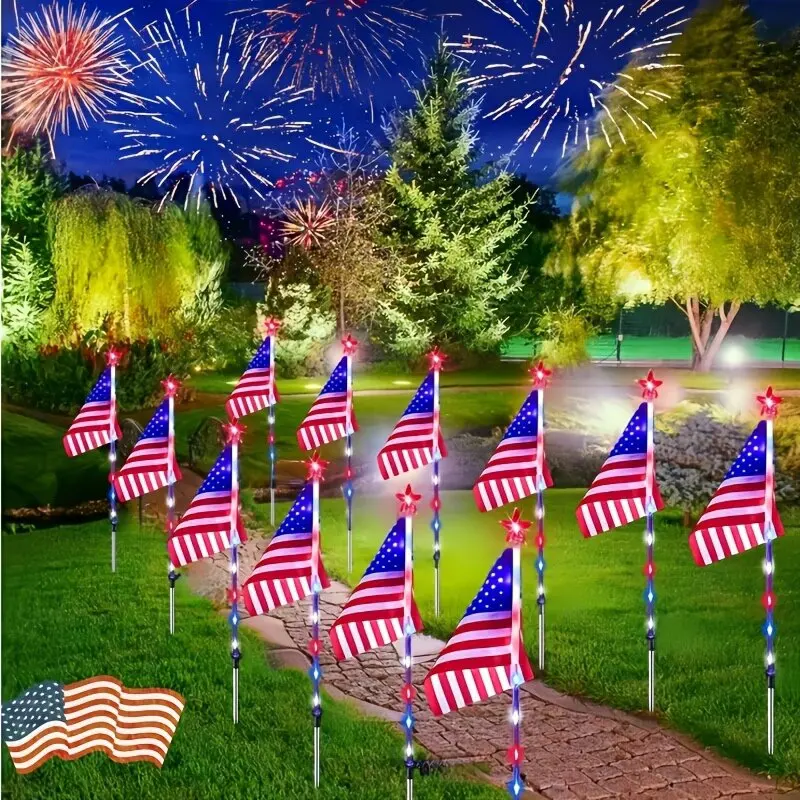 

Solar Powered American Flag Garden Stake Lights For July 4th Independence Day And Veterans Day Patriotic Outdoor Lawn Decor Lamp
