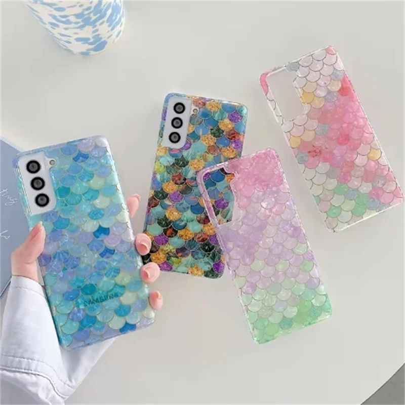 Art Clear Glitter Scales Shell Case For Samsung Galaxy S24 S23 S22 S21 Ultra Plus S20FE  Silicone  Transparent Girl Luxury Cover