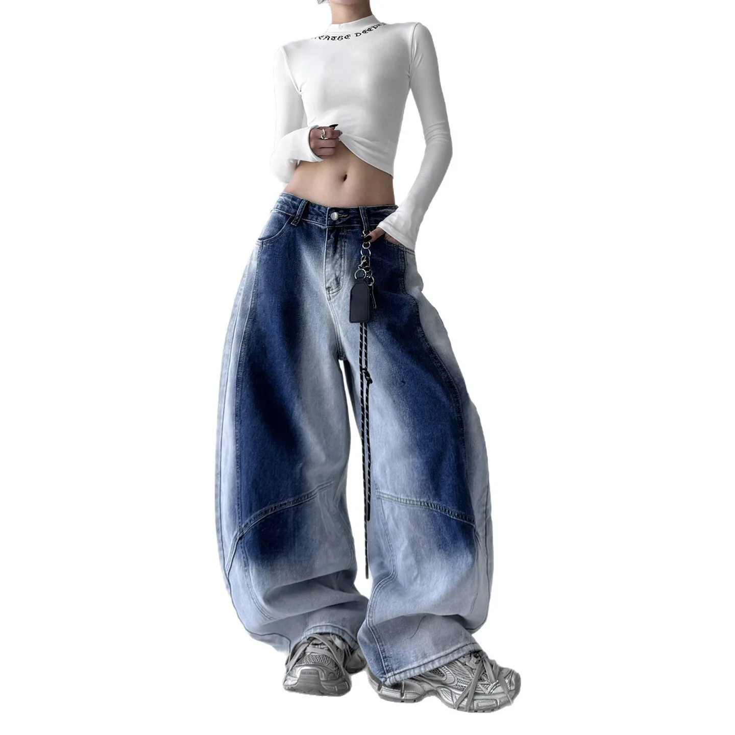 Damskie jeansy z szerokimi nogawkami 2025 jesień retro gradientowe sprane jeansy damskie z zakrzywionymi szerokimi nogawkami luźne, swobodne, uniwersalne spodnie