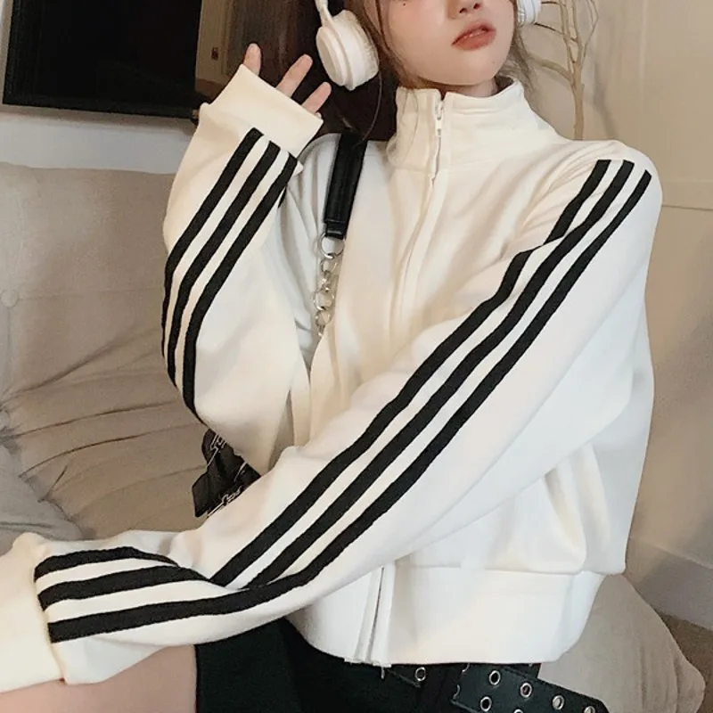 

Женская толстовка на молнии с длинным рукавом, весенне-осенняя, свободного кроя, повседневная, с воротником-стойкой, укороченная, в бейсбольном стиле, модный топ