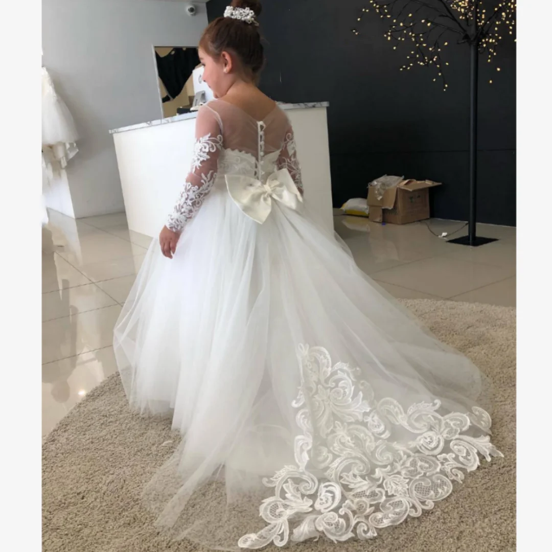 Vestidos floridos de tule para crianças, vestido princesa com renda, vestido de baile sem mangas, primeira comunhão, vestido de casamento para bebê, criança