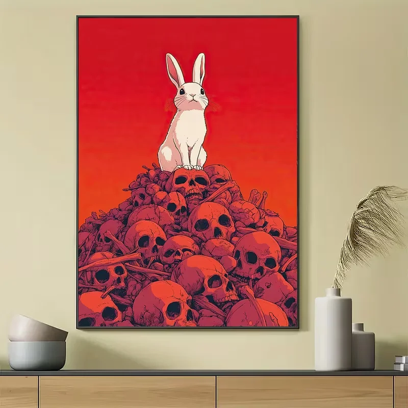 2D Flat, 1pc Skull Stack with White Rabbit Printing, Dark Fantasy Creative Wall Art, Modern Home Wall Art, Canvas Poster, Contra