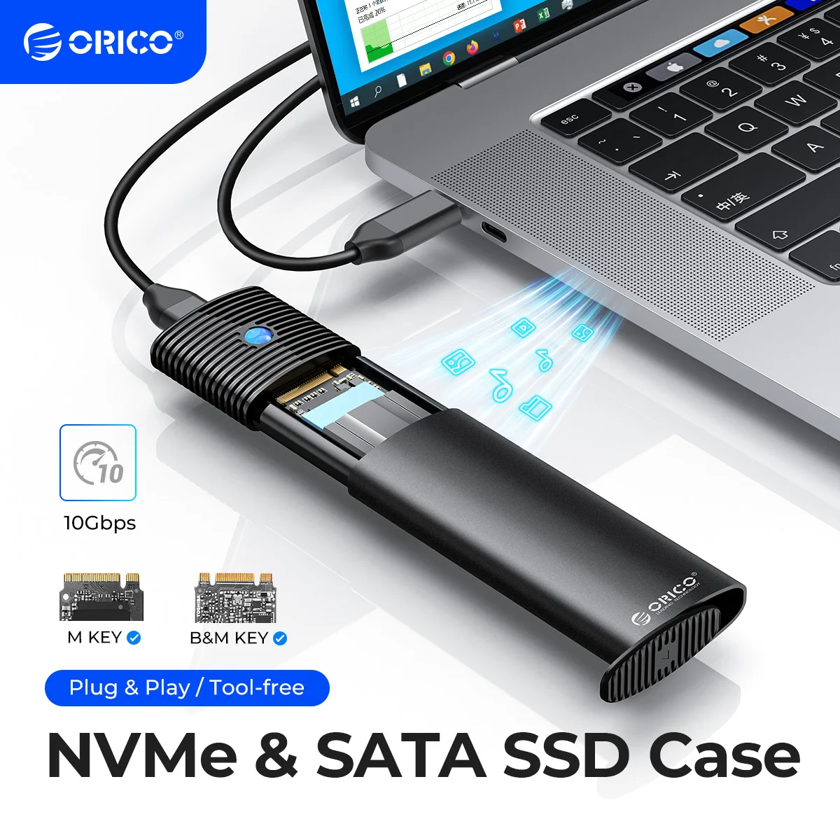 오리코-M.2 SSD 인클로저, NVMe 10Gbps PCIe SSD 박스, M.2 NVMe NGFF SATA SSD 디스크, 도구가 필요 없는 M.2 SSD 케이스, 내장 금속 방열판