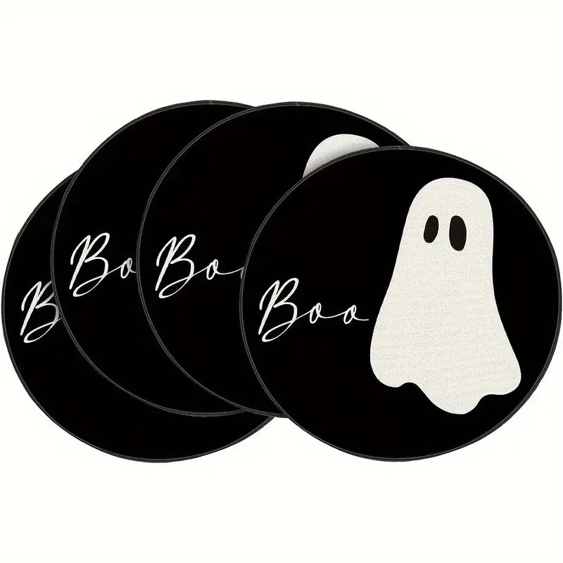VIKAMA Simple Black and White Boo Ghost Placemat - Round Linen Insulated Mat, Cute Halloween Table Decoration