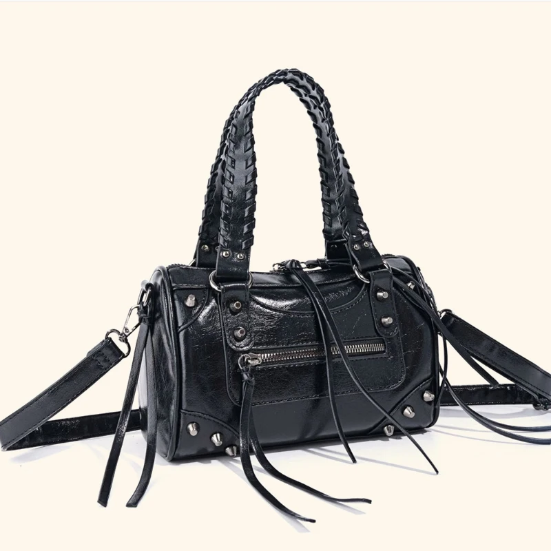 

Moto & Biker Small Pillow Bags For Women Luxury Designer Handbag Purses 2026 New In PU Vintage Rivet Tassel Top Handle Shoulder