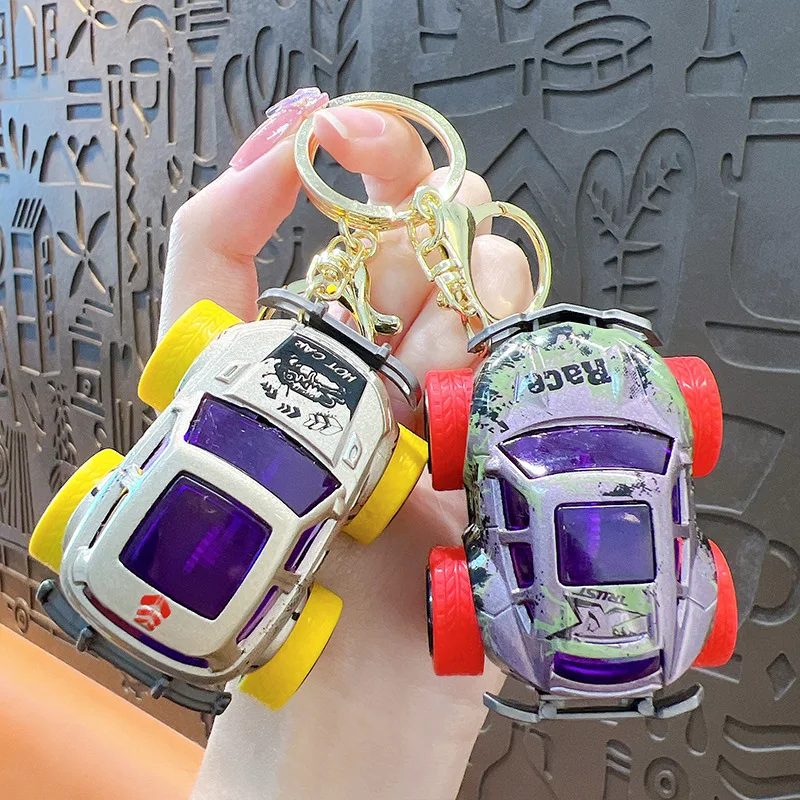 Mini Alloy Pull-back Inertia Off-road Vehicle Keychain Personality Graffiti Car Schoolbag Ornament Keyring Cute Toy Pendant Gift