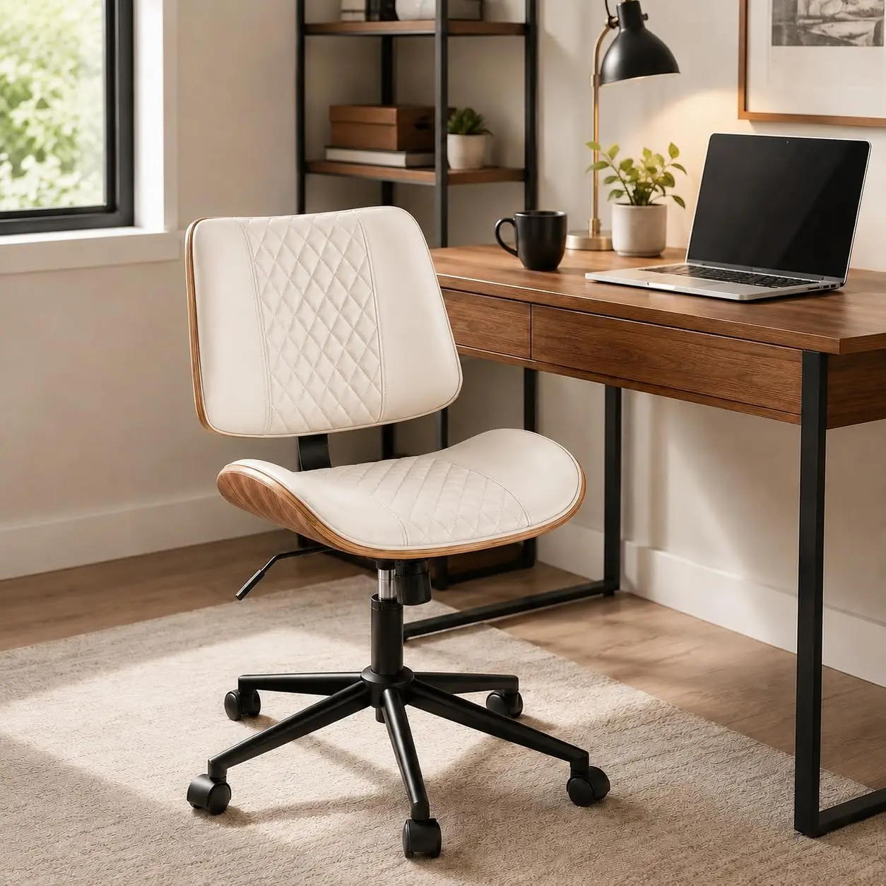 Armless Bentwood Office Desk Chair, Faux Leather Quilted Task Chair, Height Adjustable Swivel Rolling Computer Chair with Wheels for Home Office