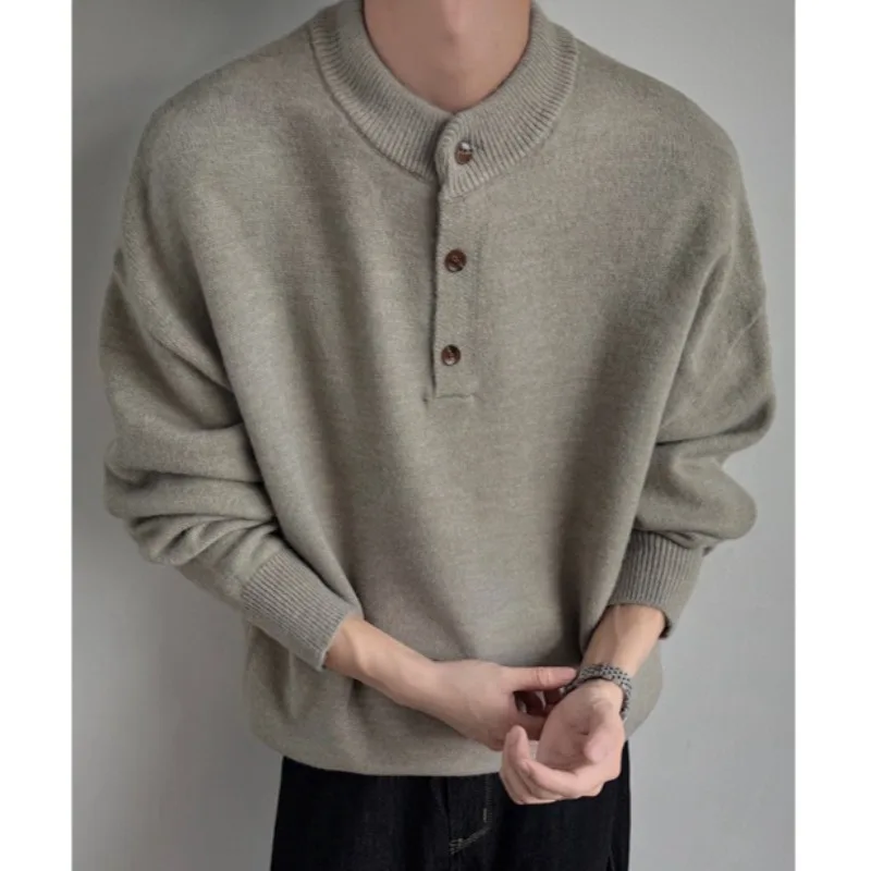 Men's Old Money Style Henley Neck Knit Sweater Autumn Loose Fit Round Neck Pullover Youth Fashion Streetwear Sweater