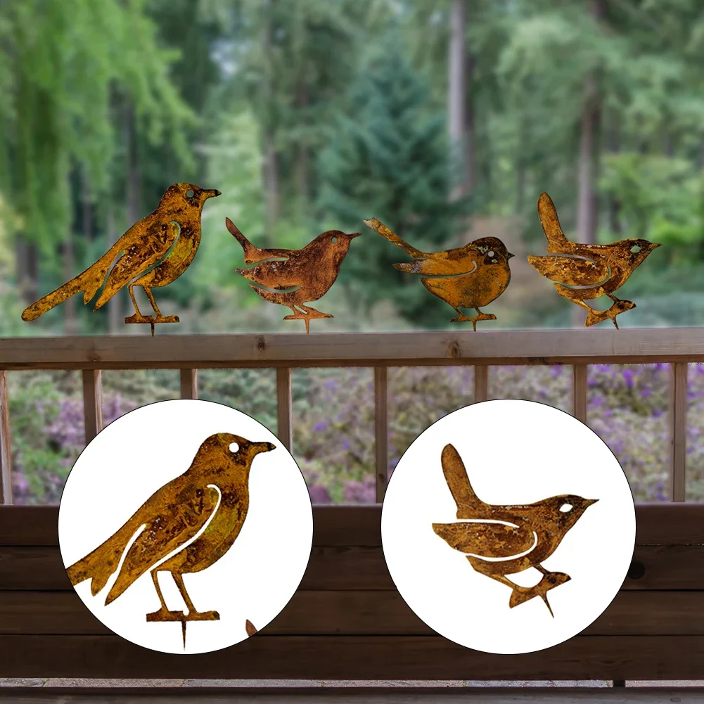 

4 Pcs Rusty Metal Bird Silhouettes Garden Fence Decor Wood-pecker Gardening Country Robin Art Metal Yard Decoration Bird Steel
