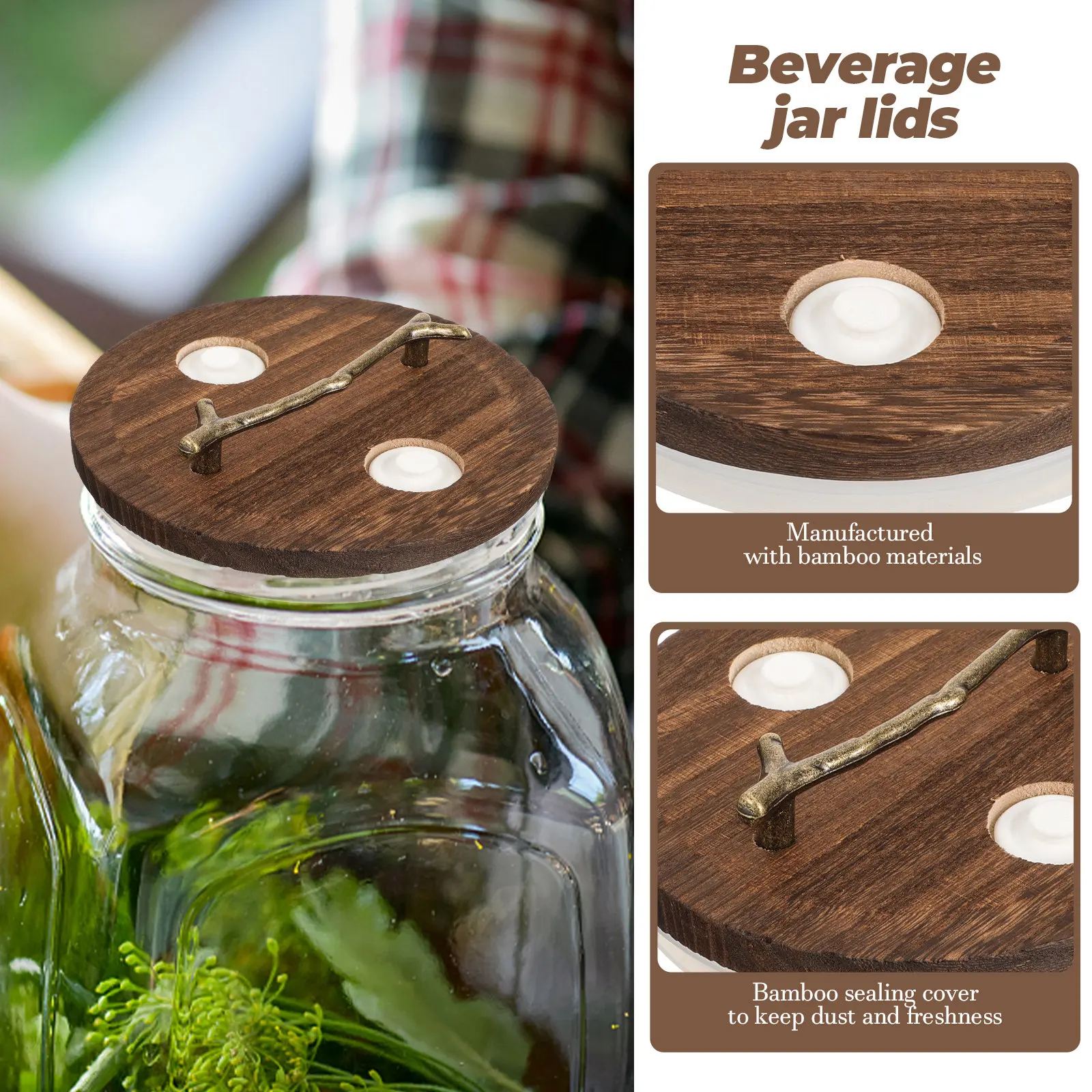 

Bamboo Lid with Exhaust Valve Beverage Dispenser Cover Reusable Airtight Sealing Lid for Juice Wine Milk Tea Dispensers Kitchen