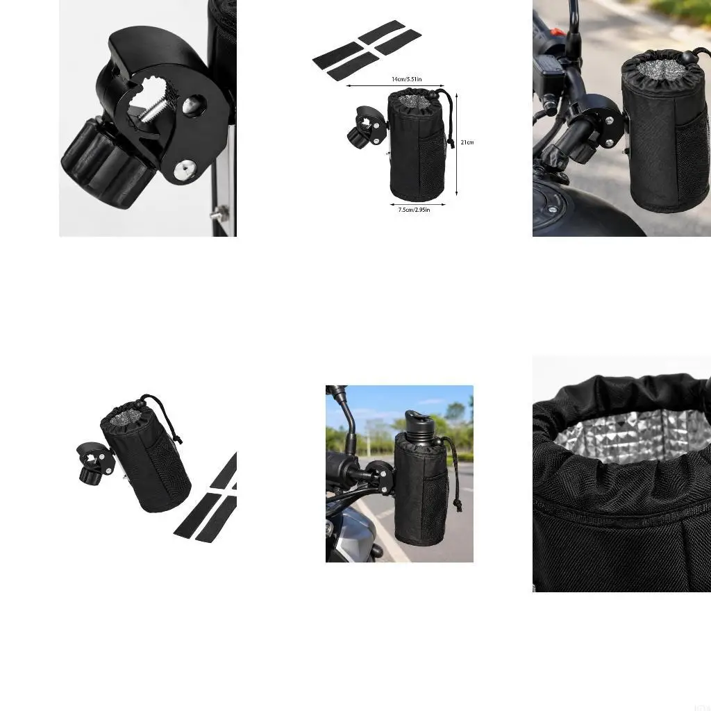 Motorbike Bar Cup Holder with Locking Metal Clamp, Fabric Body, Directional Joint, Drawstring Top, Lined Interior, and Mesh D7YA
