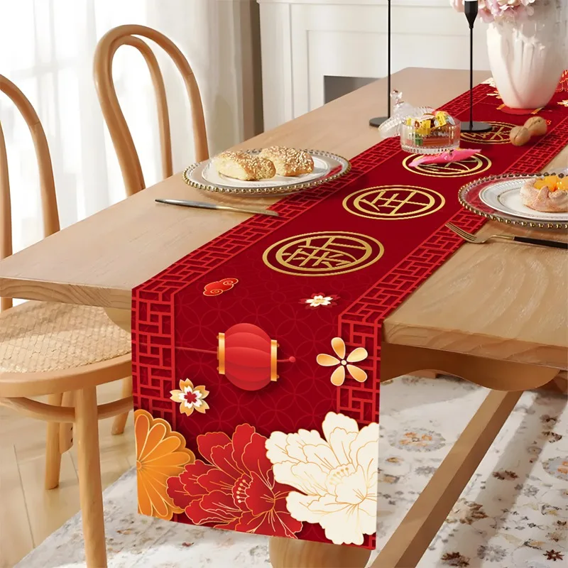 Chinese New Year Decorations 2025 Red Happy New Year Polyester Table Runner for Home Spring Festival Party New Year Table Decor