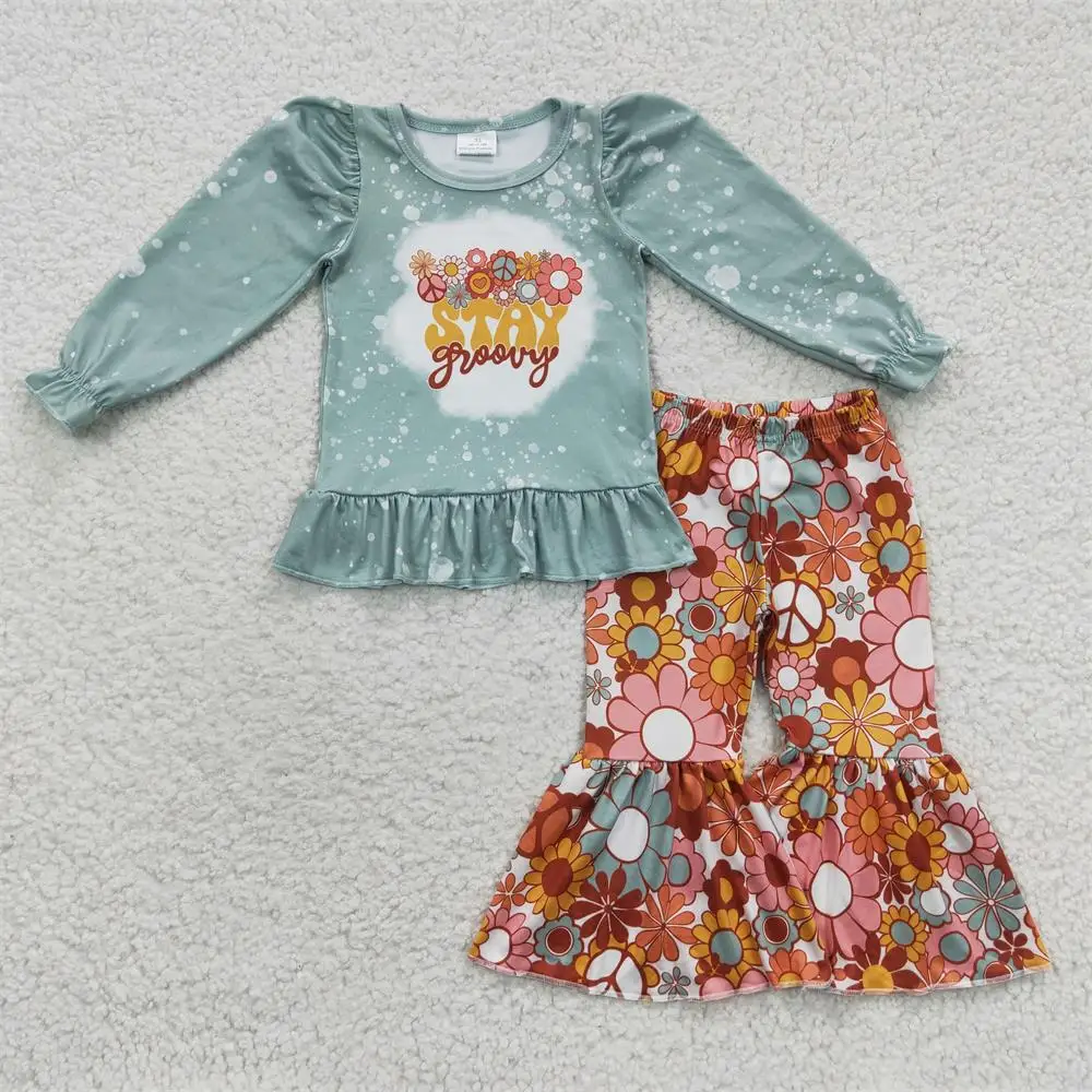 

Wholesale Baby Girl Clothes Set Green Long Sleeves Ruffle Shirt Floral Bell Pants Children Kid Toddler Spring Fall Flower Outfit