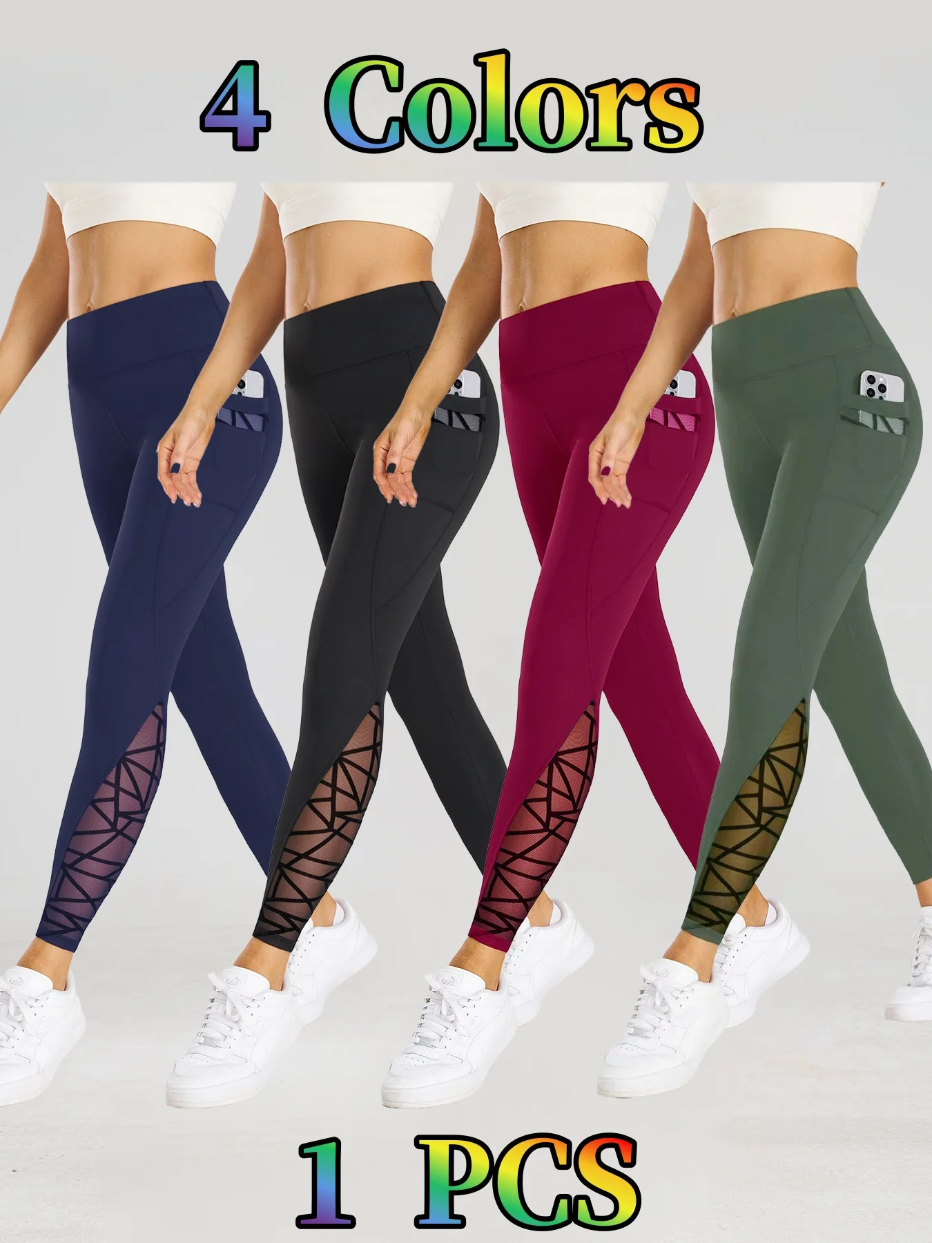 Women High Waist Yoga Leggings Butt Lifting Shaping Mesh Splice Phone Pockets Stretch Breathable Workout Gym Fitness Pants