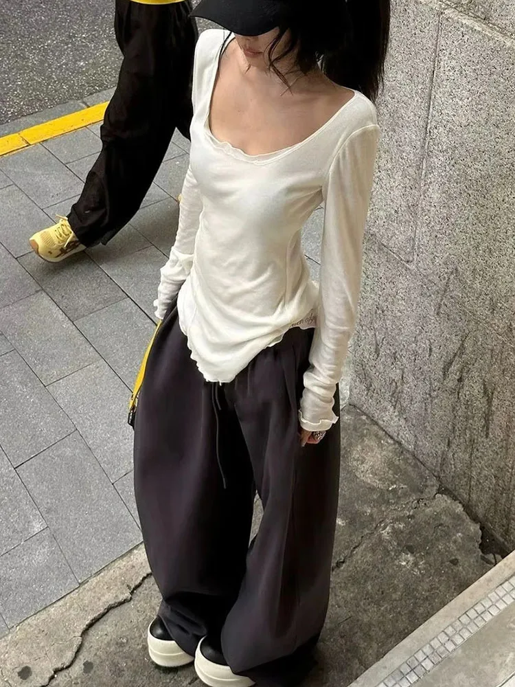 2026 Women Irregular Ruffle White Fake Two Piece Long Sleeve T-shirt Autumn Winter New Slim Fit Bottoming Chic Top