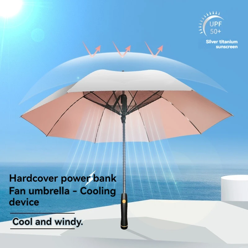 Long-Handled Sun Protection Titanium Silver Umbrella with Fan for Women, Sun Protection and Cooling Fan Umbrella