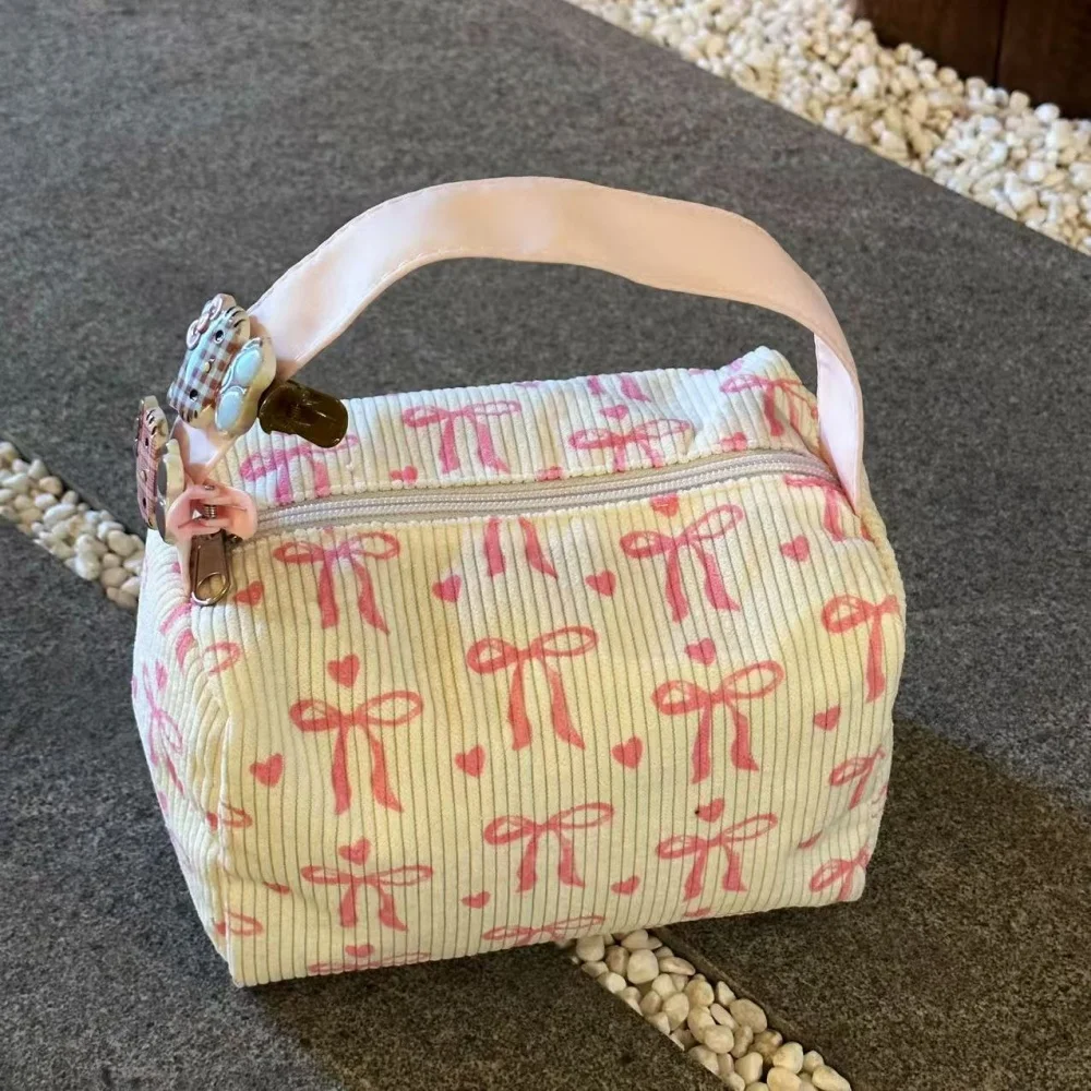 1 PC Corduroy Printed Makeup Bag With Bow Ornament Large Capacity Zipper Portable Organizer Perfect Gift For Friends