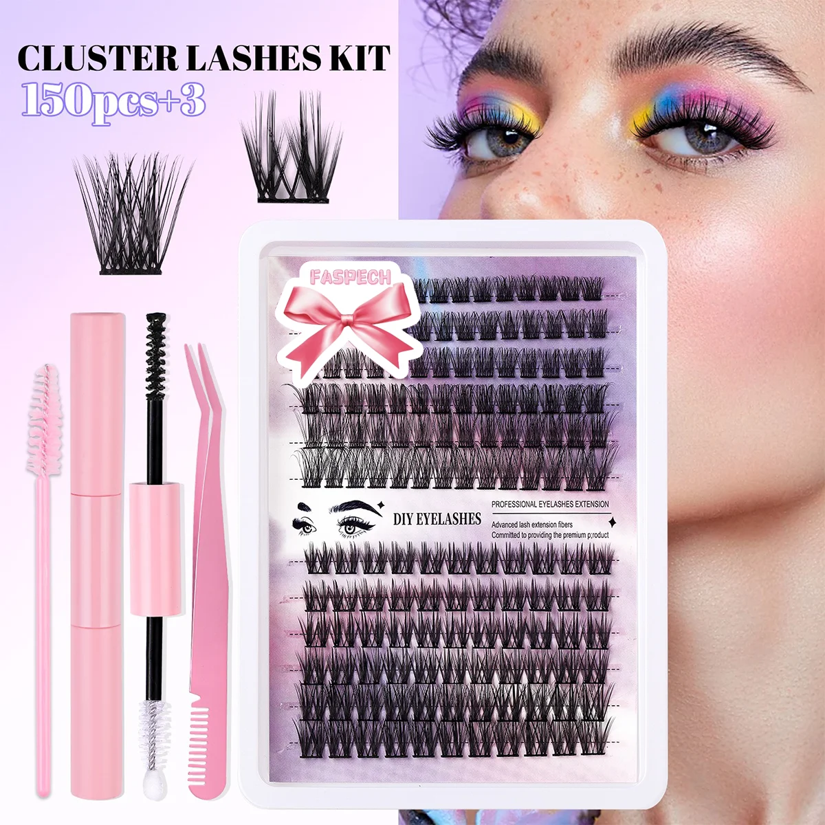 150 Clusters False Eyeashes DIY Eyelash Extension Kit Volume Individual Wispy Fluffy Lash Clusters Lash Extension Kit for Makeup