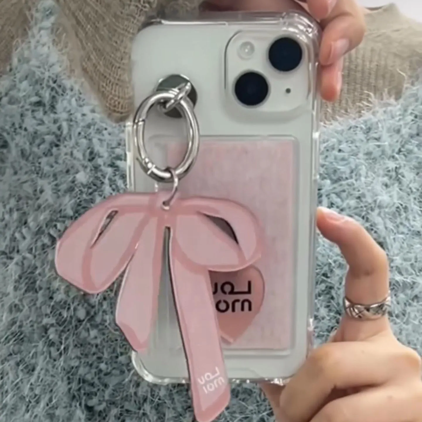 Korean INS Niche New Gray Pink Series Bow Pendant with Black Edge for iPhone 15pro/14pro max 13/12/11 Phone Case Protection Case