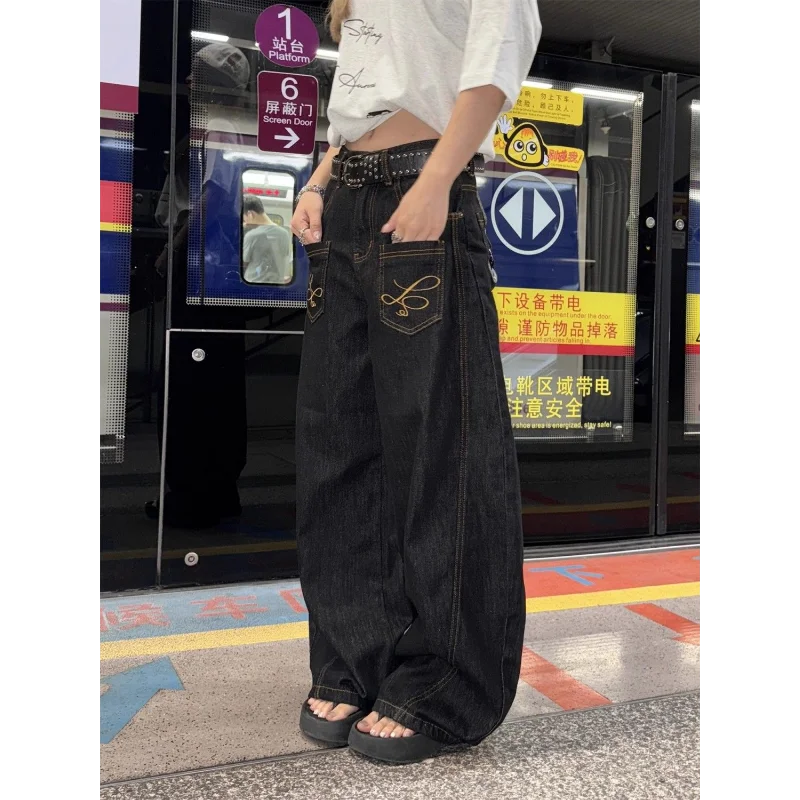 Jean brodé rétro américain pour femmes, pantalon ample, droit, taille haute, jambes larges