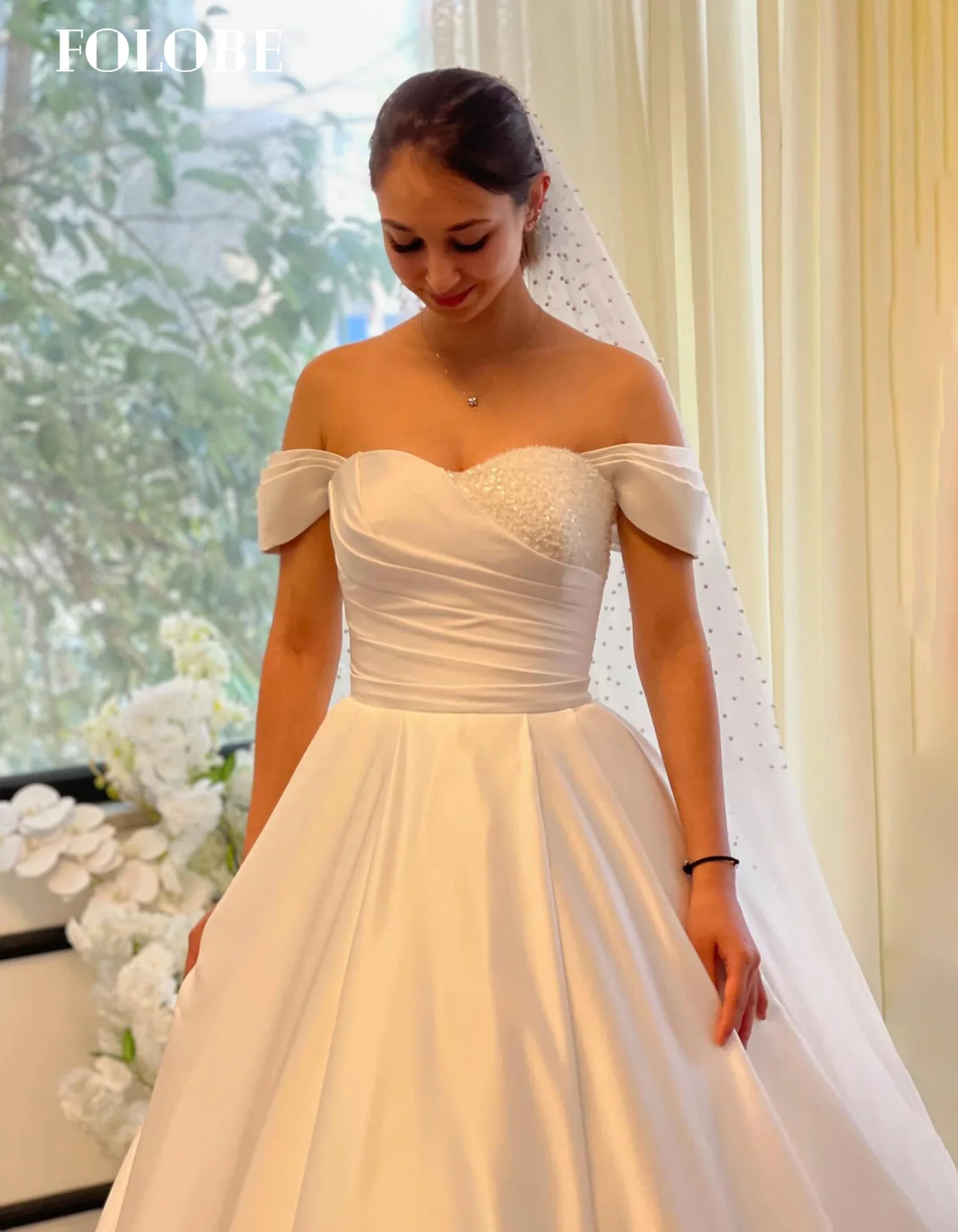 FOLOBE robe de mariée à épaules dénudées avec perles robe de mariée trapèze Gorgeou balayage Train robe de mariée vestidos de noche personnalisé